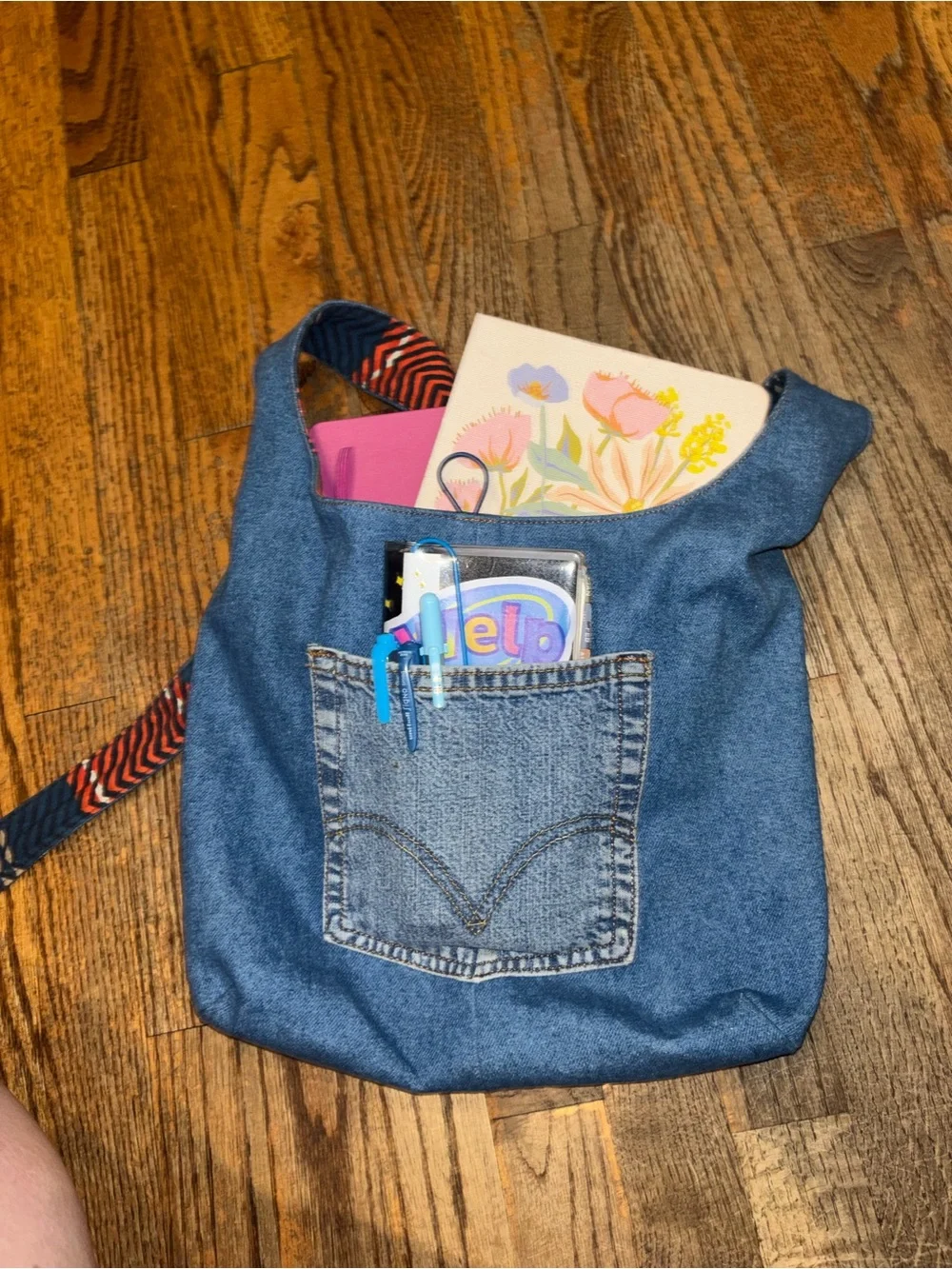 Reversible Handmade Denim & Plaid Crossbody Tote Bag travel reading